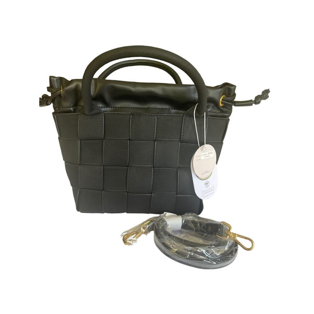Anthropologie Melie Bianco Lyndsey Vegan Leather Woven Crossbody Purse Black NWT